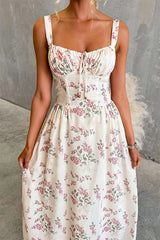 Sleeveless High Waist Floral Print Swing Maxi Dress