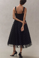 Heididress V Neck Mesh Polka Dot A-line Midi Cami Dress