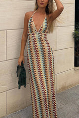 Heididress Halter V Neck Backless Color Block Crochet Maxi Dress