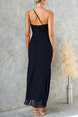 Heididress One Shoulder Slit Ruched Ruffle Mesh Maxi Dress