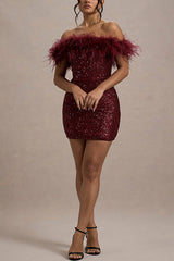 Heididress Off Shoulder Feather Trim Sequin Mini Party Dress