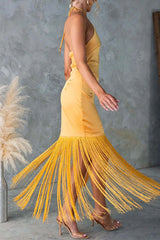 Heididress Halter Neck Patchwork Fringe Hem Satin Maxi Dress