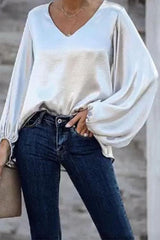 Heididress V Neck Lantern Sleeve Solid Loose Top