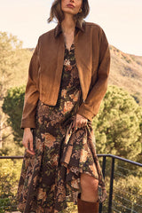 V Neck Puff Short Sleeves Floral Print Midi Dress