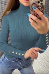 Heididress Turtleneck Gold Buttons Ribbed Knit Top