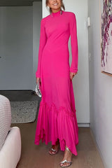 Mockneck Long Sleeves Ruffle Hem Maxi Dress