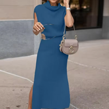 Cowl Neck Waisted Side Slit Midi Sweater Dress