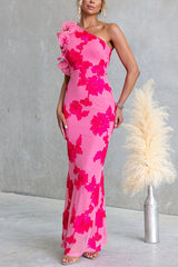 Chic Ruffle One Shoulder Sleeveless Floral Mesh Maxi Dress