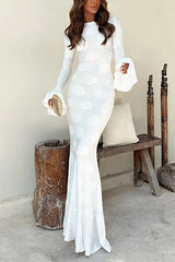 Heididress Bell Long Sleeves Backless Lace-up Shell Print Maxi Dress