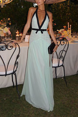 Heididress Deep V Neck Halter Backless Color Block Bow Maxi Dress