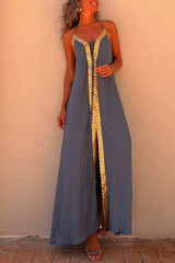 Heididress V Neck Backless Sequin Detailed Slit Maxi Cami Dress