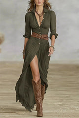 Heididress Lapel V Neck Long Sleeves Button Up Slit Maxi Dress