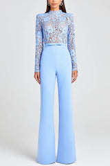 Party Charmer Flower Lace Patchwork Long Sleeve Bow Belted Flare Jumpsuit