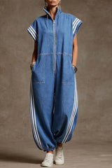 Women's Stand-Collar Short-Sleeved Casual Loose Denim Wide-Leg Jumpsuit