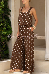 Polka Dot Print Loose Sleeveless Casual Wide-leg Jumpsuit