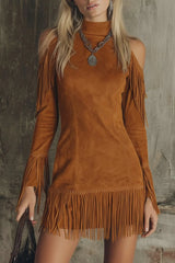 Semi-High Neck Off-The-Shoulder Fringed Faux Suede Long-Sleeved Mini Dress