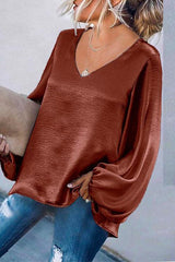 Heididress V Neck Lantern Sleeve Solid Loose Top