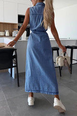 Heididress Sleeveless Button Down Tie Waist Pocketed Denim Midi Dress
