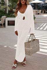 Heididress V Neck Long Sleeves Backless Crochet Hollow Out Knit Maxi Dress