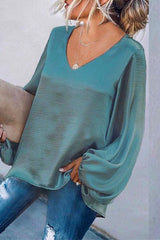 Heididress V Neck Lantern Sleeve Solid Loose Top