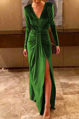 Heididress Deep V Neck Slit Ruched Velvet Party Dress(5 Colors Available)