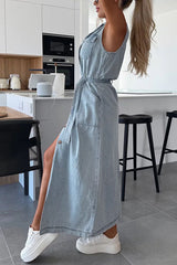 Heididress Sleeveless Button Down Tie Waist Pocketed Denim Midi Dress