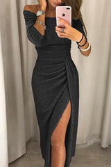 Heididress Off Shoulder High Split Ruched Party Maxi Dress