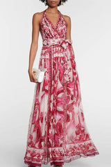 Heididress Halter V Neck Open Back Waisted Bohe Print Maxi Swing Dress