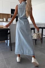 Heididress Sleeveless Button Down Tie Waist Pocketed Denim Midi Dress