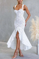 Sleeveless Lace High Low Hem Ruffle Maxi Dress