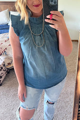 Heididress Mockneck Flutter Sleeves Ruched Denim Top