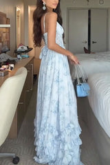 Heididress Back Lace-up Ruffle Hem Slit Floral Print Maxi Cami Dress