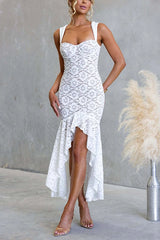 Sleeveless Lace High Low Hem Ruffle Maxi Dress