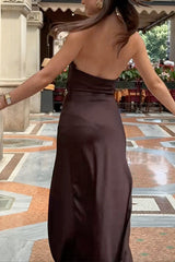 Halter Cowl Neck Backless Satin Maxi Party Dress