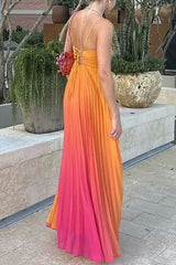 Spaghetti Strap Back Lace-up Gradient Pleated Maxi Dress