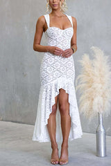 Sleeveless Lace High Low Hem Ruffle Maxi Dress