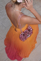 Spaghetti Strap Back Lace-up Gradient Pleated Maxi Dress