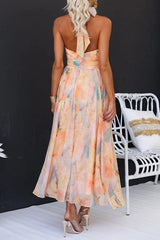 Halter Neck Open Back Waisted Watercolor Print Maxi Dress