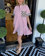 Women's Striped Animal Print Contrast Button Down Dress