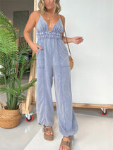 Women's Deep V Neck Tencel Denim Jumpsuit