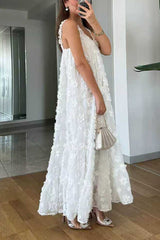 Heididress V Neck Sleeveless Flower Applique Ruffle Maxi Dress