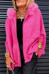 Dolman Sleeves Zipper Up Pocketed Jacket with Faux Fur Hood