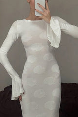 Heididress Bell Long Sleeves Backless Lace-up Shell Print Maxi Dress