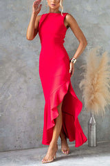 Back Lace-up Sleeveless Ruffle Slit Maxi Dress