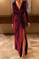 Heididress Deep V Neck Slit Ruched Velvet Party Dress(5 Colors Available)