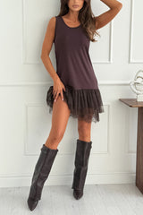Round Neck Sleeveless Patchwork Lace Trim Mini Dress