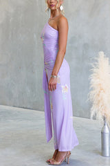 One Shoulder Cut Out Waist Floral Print Draped Maxi Dress