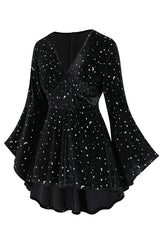 Black 1960s Star V-Neck Velvet Dress