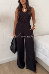 Elaris Linen Blend V-neck Tie-up Waist Pocketed H-line Wide Leg Jumpsuit