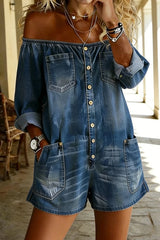 Women's Casual Cotton Denim Off-Shoulder Jumpsuit Shorts